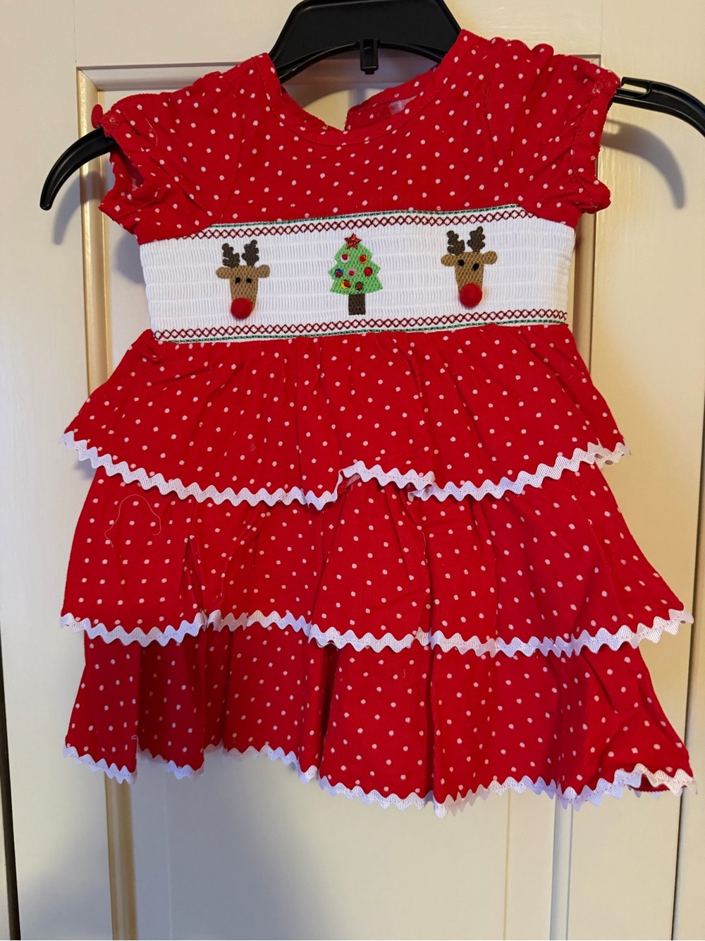 Mud Pie Red Polka Dot Smocked Holiday Dress with Reindeer